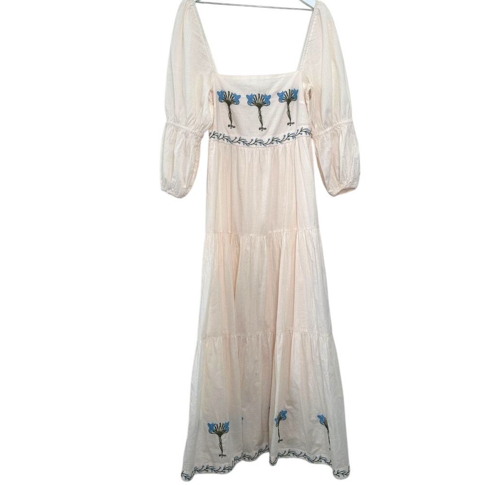 Anna Cate Scarlet Maxi Dress XS Ivory Blue Floral Embroidered Puff Sleeve Boho